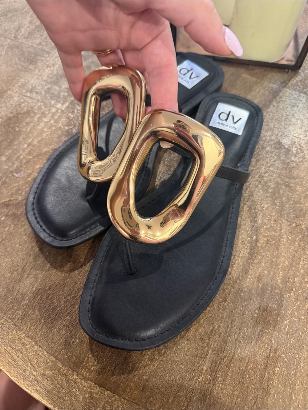 Dolce Vita Jameson Black Thong Sandal with Gold Statement Hardware